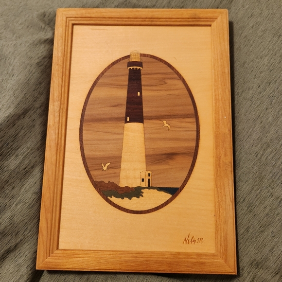 Wood Marquetry Art Piece Titled "Barnegat Lighthouse" by Hudson River Artist - Picture 1 of 10
